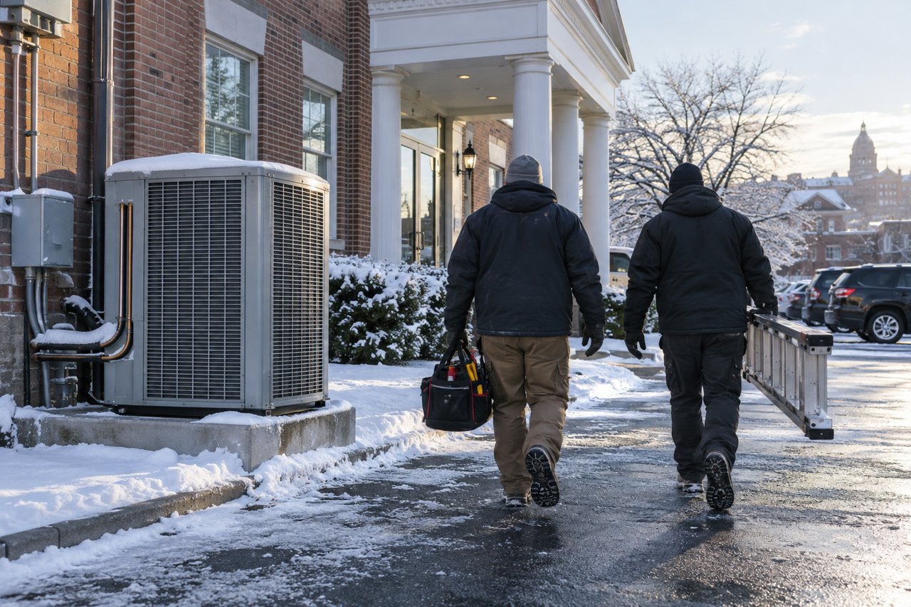 Illustrative HVAC scene: Two technicians in winter jackets carrying a toolbag and a ladder across a snowy parking lot towards an office building
